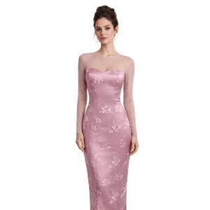 Vintage 90s Blush Pink Embroidered Mesh Sleeve Formal Dress Size S